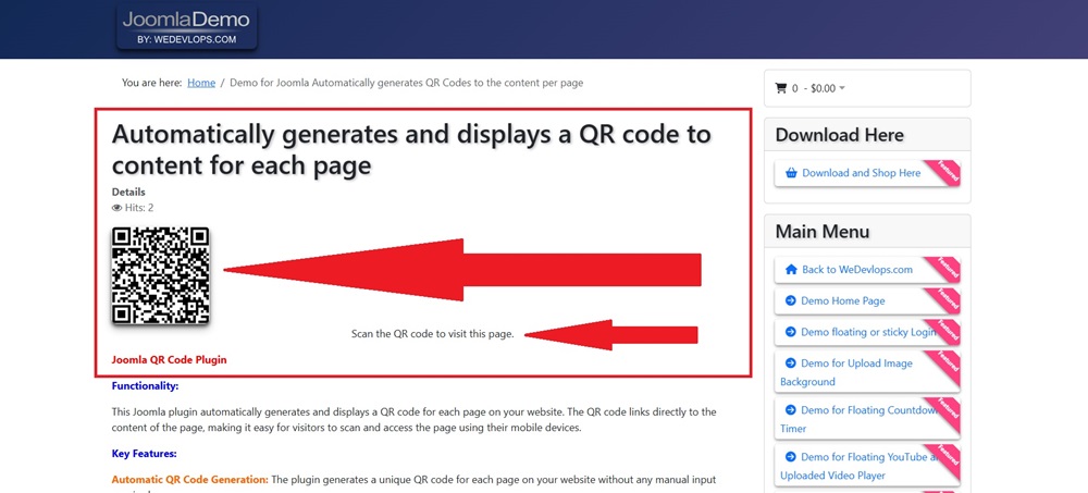 Automatically generates and displays a QR code to content for each page for Joomla
